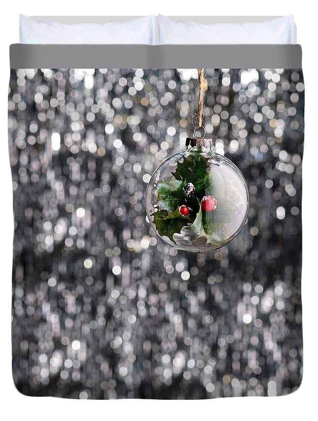 Advent Duvet Cover featuring the photograph Holly Christmas bauble by U Schade