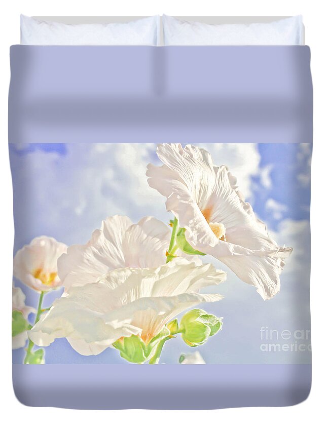 Flowers Duvet Cover featuring the photograph Hollyhocks And Sky by Barbara Dean