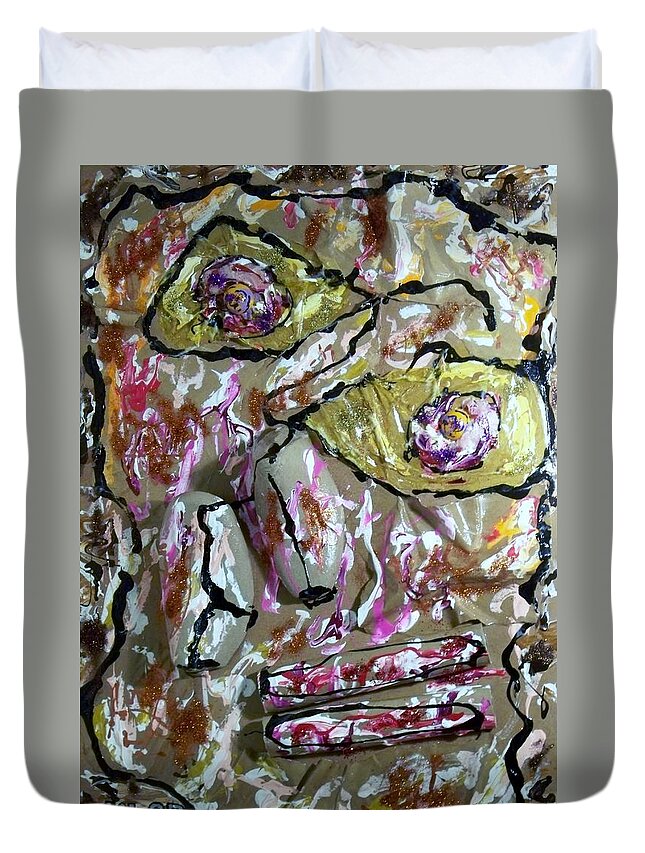 Face Portrait Klee Dubuffet Duvet Cover featuring the painting Homage to Dubuffet's Homage to Klee's Senecio if it existed by Kevin OBrien