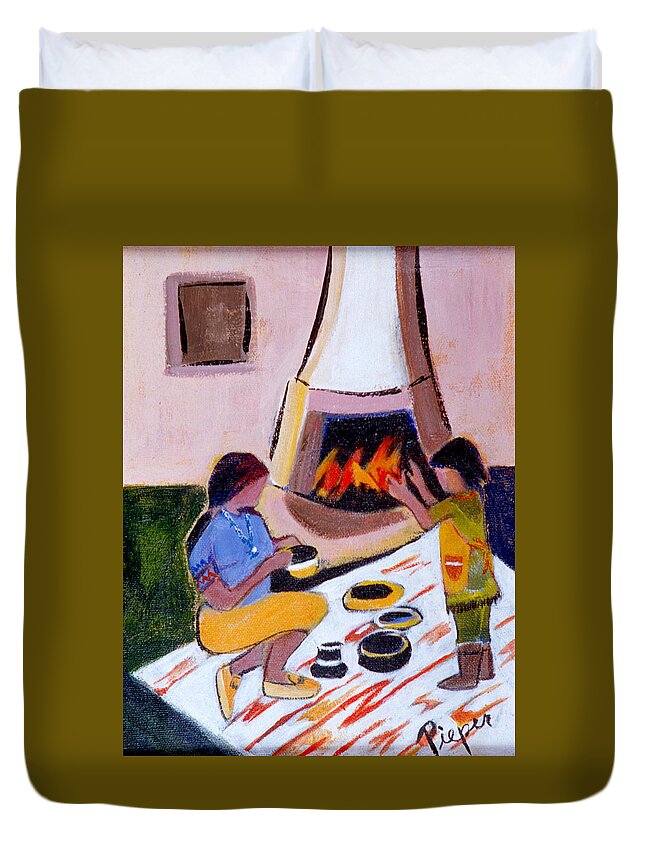 Taos Duvet Cover featuring the painting Home and Hearth in Taos by Betty Pieper