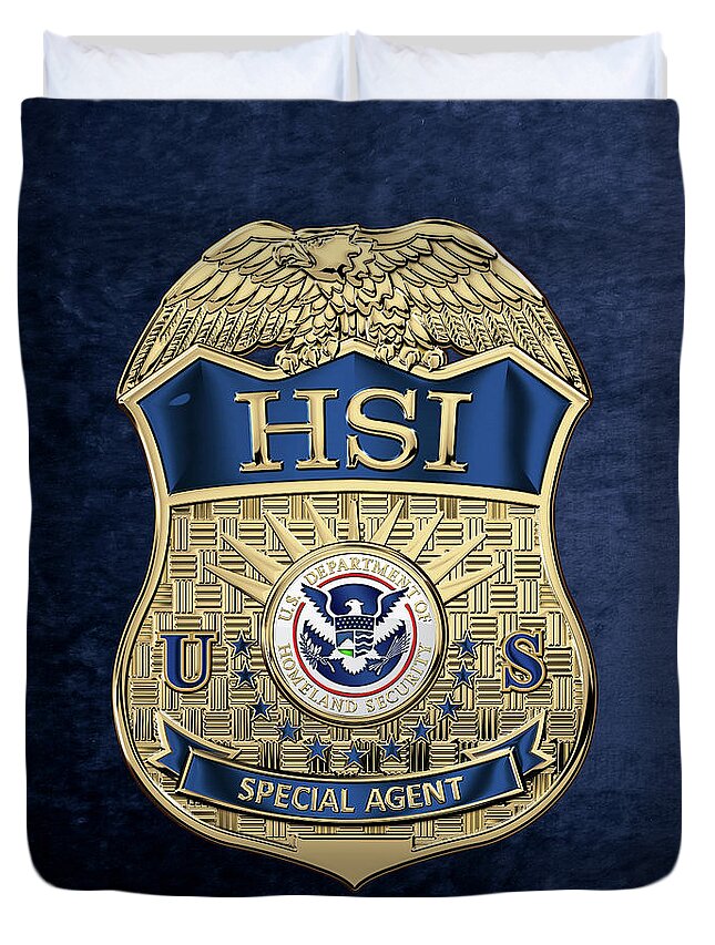  ‘law Enforcement Insignia & Heraldry’ Collection By Serge Averbukh Duvet Cover featuring the digital art Homeland Security Investigations - H.S.I. Special Agent Badge over Blue Velvet by Serge Averbukh