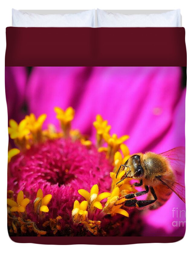 Pink Duvet Cover featuring the photograph Honey Bee Pollinating Zinnia by Angela Rath