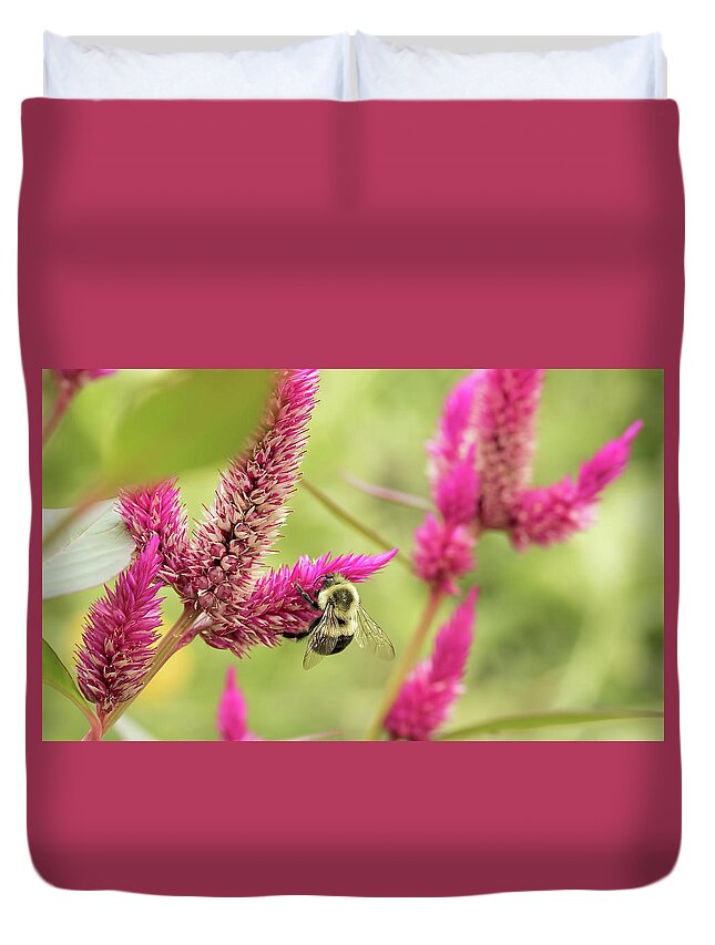 Bee Duvet Cover featuring the photograph Honeybee Dining on Cockscomb by Richard Goldman