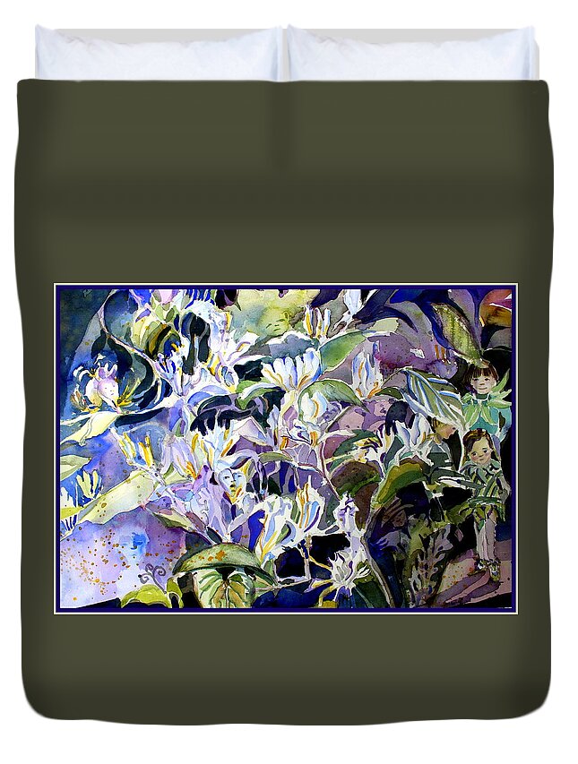 Fairies Duvet Cover featuring the painting Honeysuckle Fairies by Mindy Newman