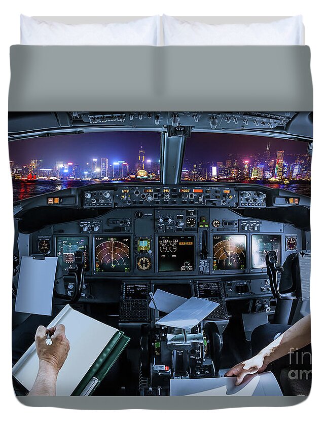 Hong Kong Duvet Cover featuring the photograph Hong Kong Cockpit flight by Benny Marty