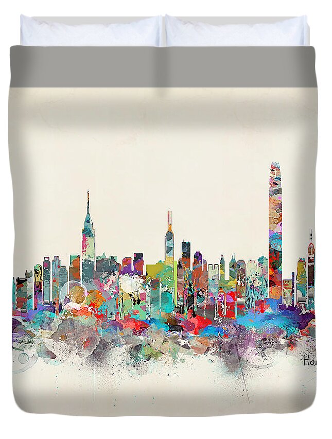 Hong Kong Skyline Duvet Cover featuring the painting Hong Kong Skyline by Bri Buckley