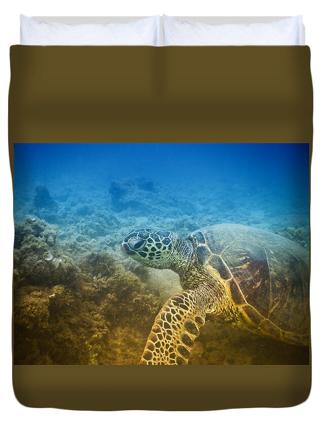 Turtle Duvet Cover featuring the photograph Honu Cruisin Hawaiian Sea Turtle Photobomb Selfie by Lawrence Knutsson