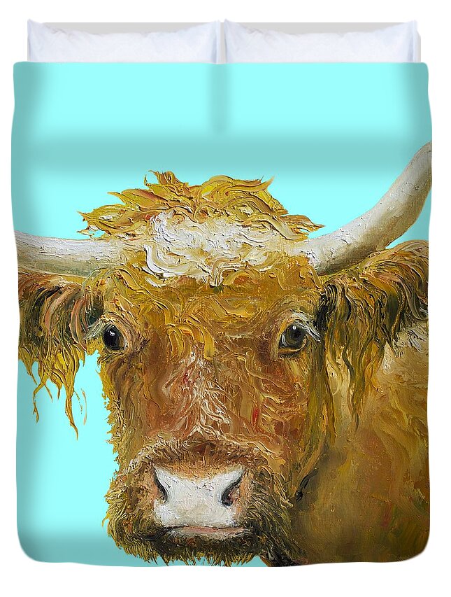 Cow Duvet Cover featuring the painting Horned Cow painting on blue background by Jan Matson