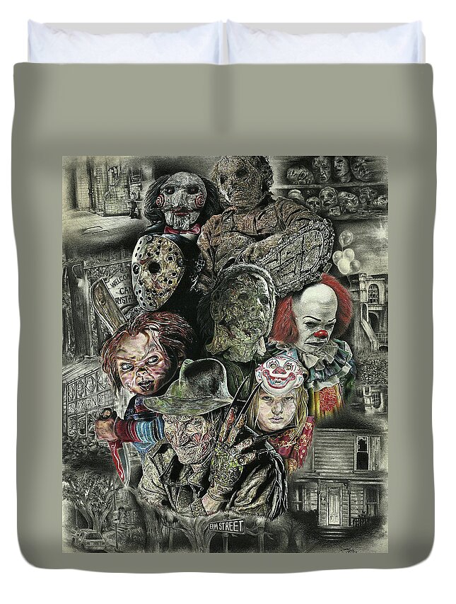 Fear Duvet Cover featuring the drawing Horror Movie Murderers by Daniel Ayala