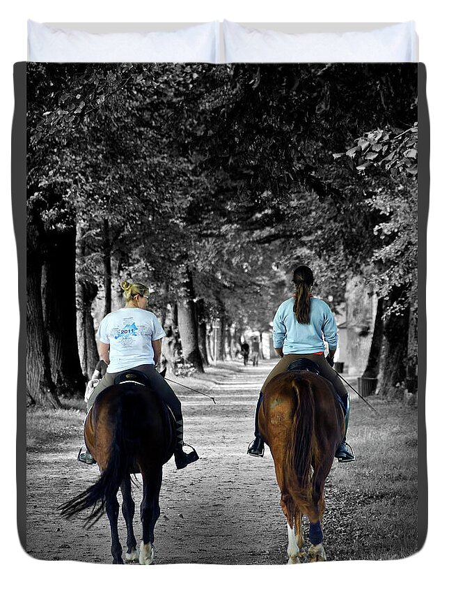 Horseback Rider Duvet Cover featuring the photograph Horsback rider in Hellbrunn by Wolfgang Stocker