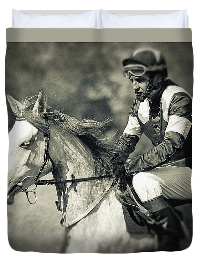 Horse Duvet Cover featuring the photograph Horse and jockey by Dimitar Hristov