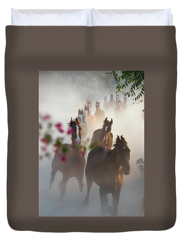 Russian Artists New Wave Duvet Cover featuring the photograph Horse Herd Coming Home by Ekaterina Druz