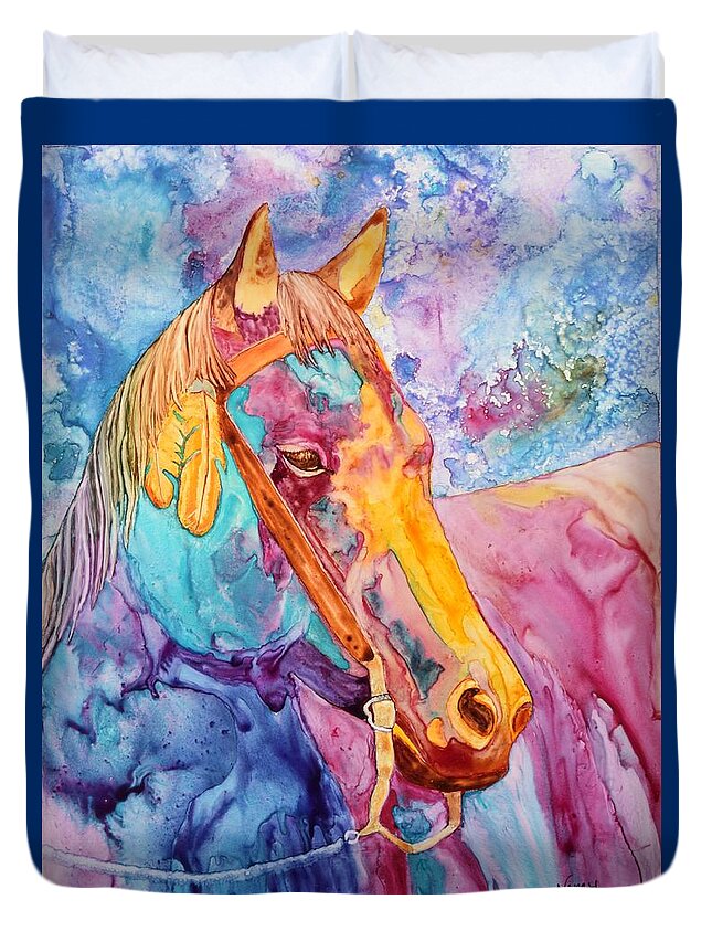 Horse Duvet Cover featuring the painting Horse of Many Colors by Nancy Jolley