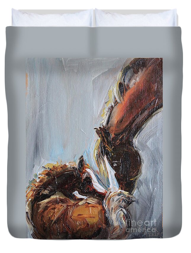 Horse Art Duvet Cover featuring the painting Horse Painting, Mare And Foal by Maria Reichert
