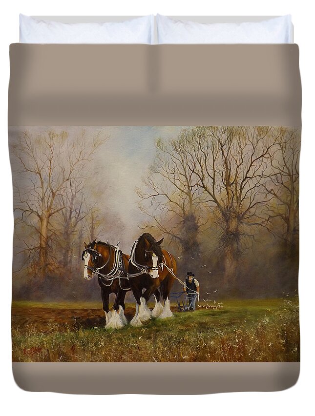 Ploughing Duvet Cover featuring the painting Horse Power by Barry BLAKE
