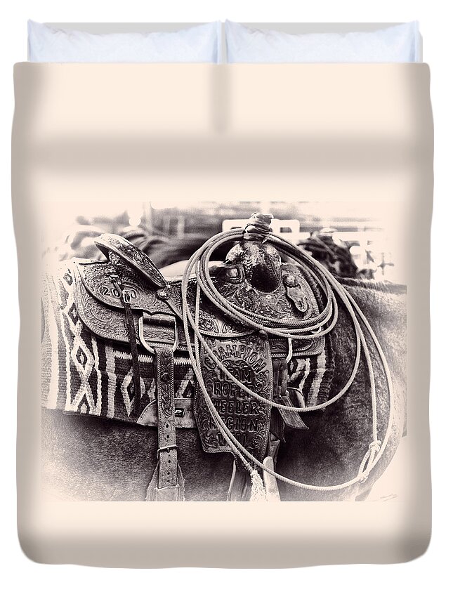 Champion Duvet Cover featuring the photograph Horse Saddle by Brian Kinney