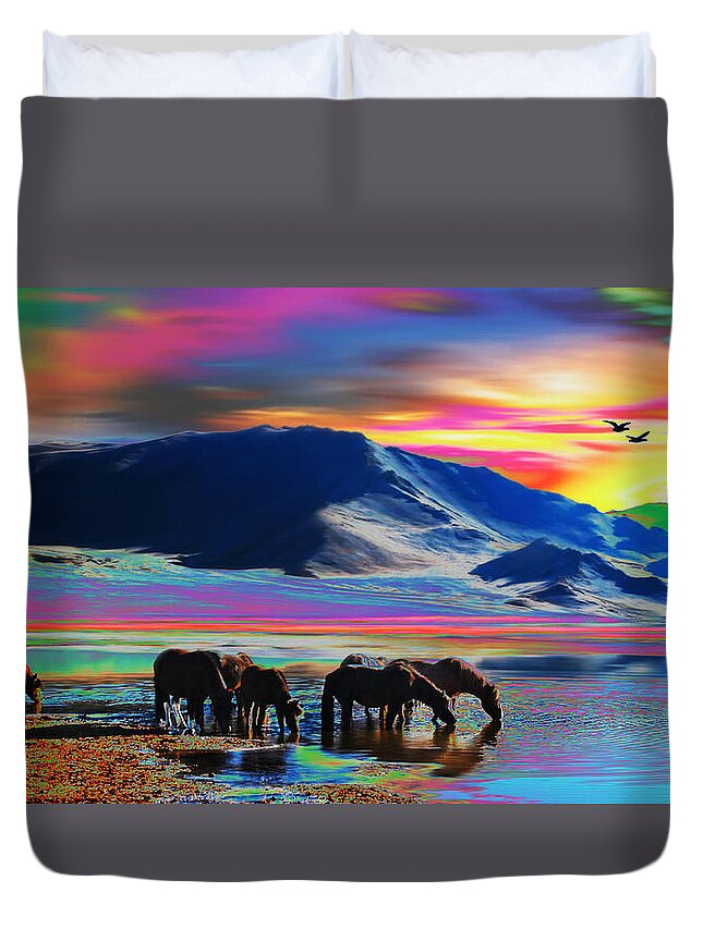 Water Duvet Cover featuring the digital art Horse Sunrise by Gregory Murray