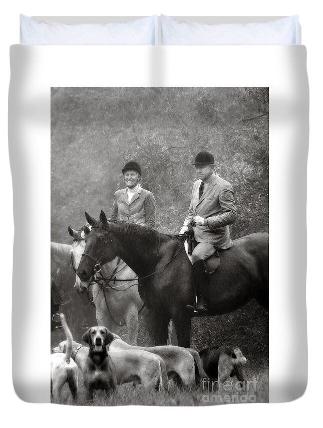  Duvet Cover featuring the photograph Horses and Hounds 2 in Black and White by Angela Rath