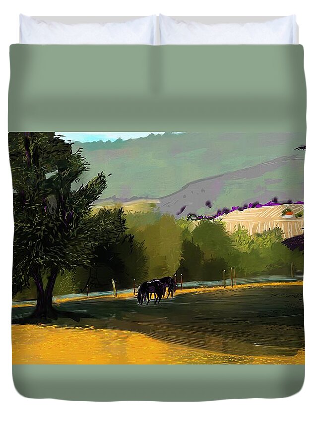 Agriculture Duvet Cover featuring the digital art Horses in field by Debra Baldwin
