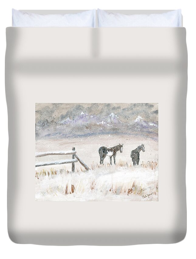 Horses Duvet Cover featuring the painting Horses in Snow by Sheila Johns