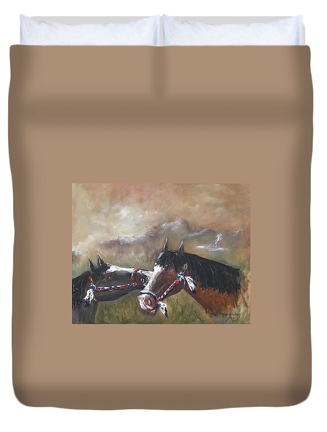 Acrylic On Canvas Painting Print American Indian Horses Native Pair Black Brown Feathers Sky Sunset Mountain Waterfall Clouds Dark Horses Relaxing Happy Horses Playing Horses Grass Green Duvet Cover featuring the painting Horses by Miroslaw Chelchowski