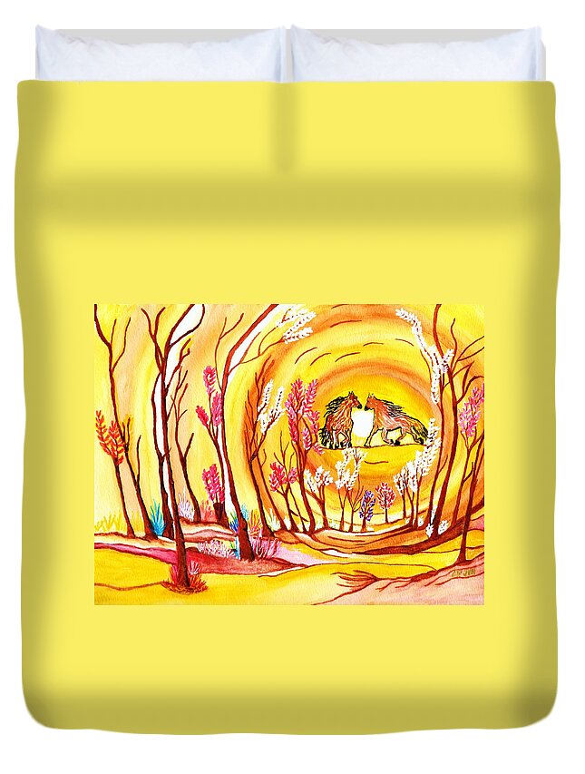 Orange Duvet Cover featuring the painting Horses Out Of Reach by Connie Valasco