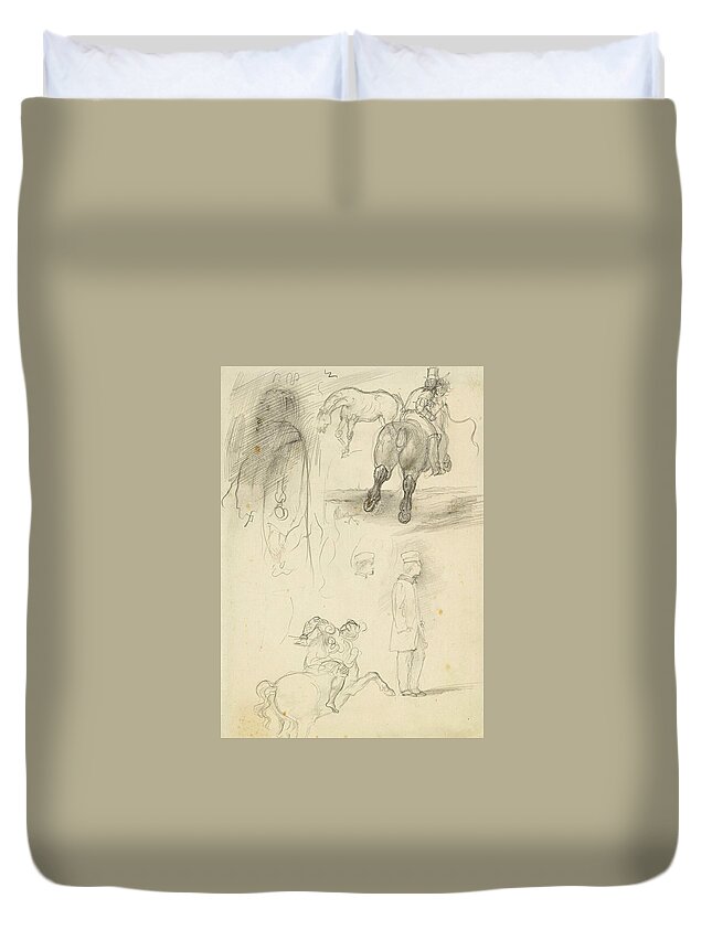 Edgar Degas Duvet Cover featuring the drawing Horses Riders and a Young Man by Edgar Degas