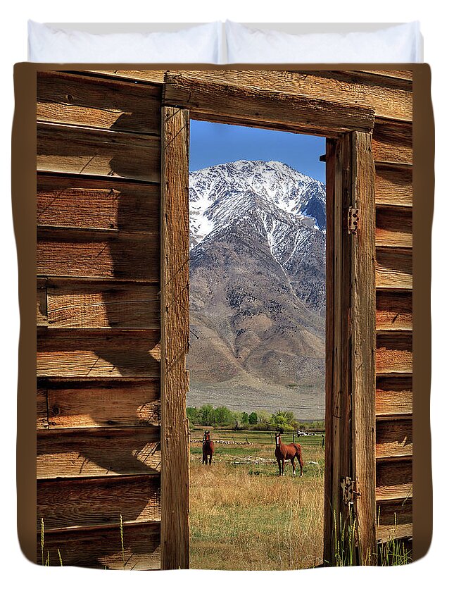 Horses Duvet Cover featuring the photograph Horses Through The Door by James Eddy