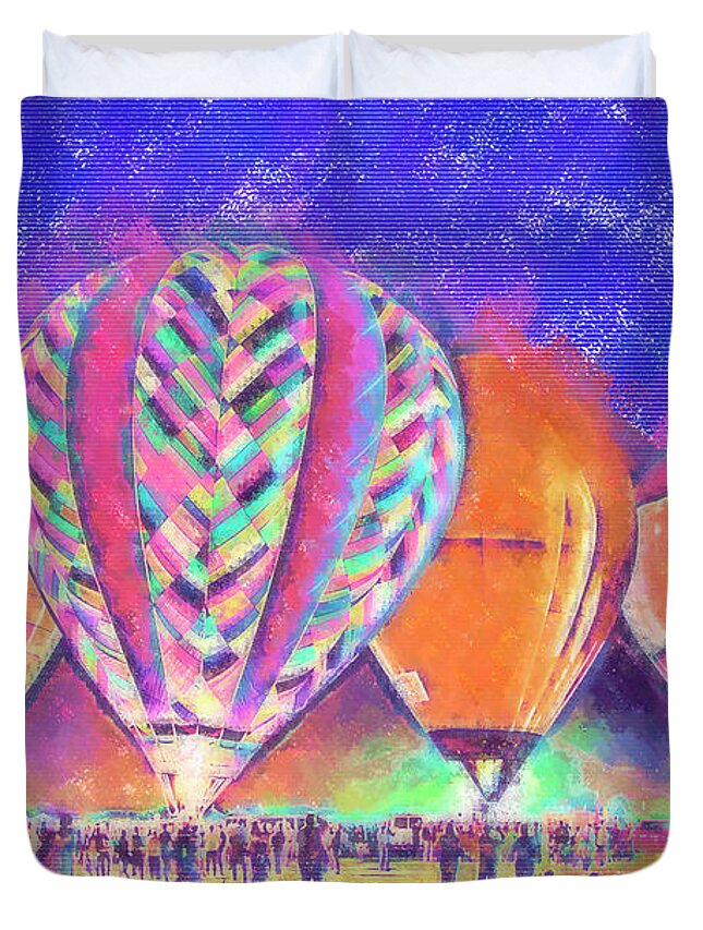 Hot Air Balloons Duvet Cover featuring the digital art Hot Air Balloons Night Festival In Pastel by Kirt Tisdale