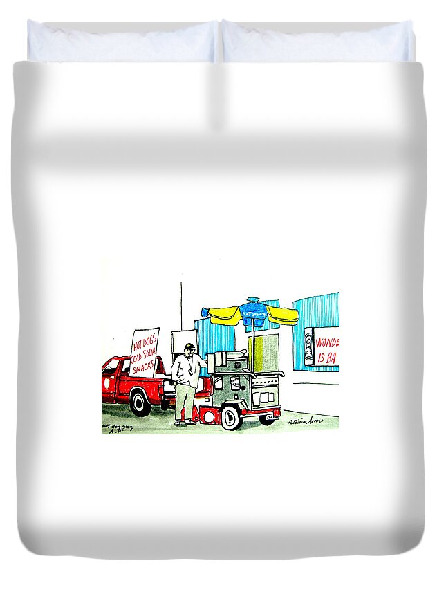 Asbury Art Duvet Cover featuring the drawing Hot Dog Guy of Asbury Park by Patricia Arroyo