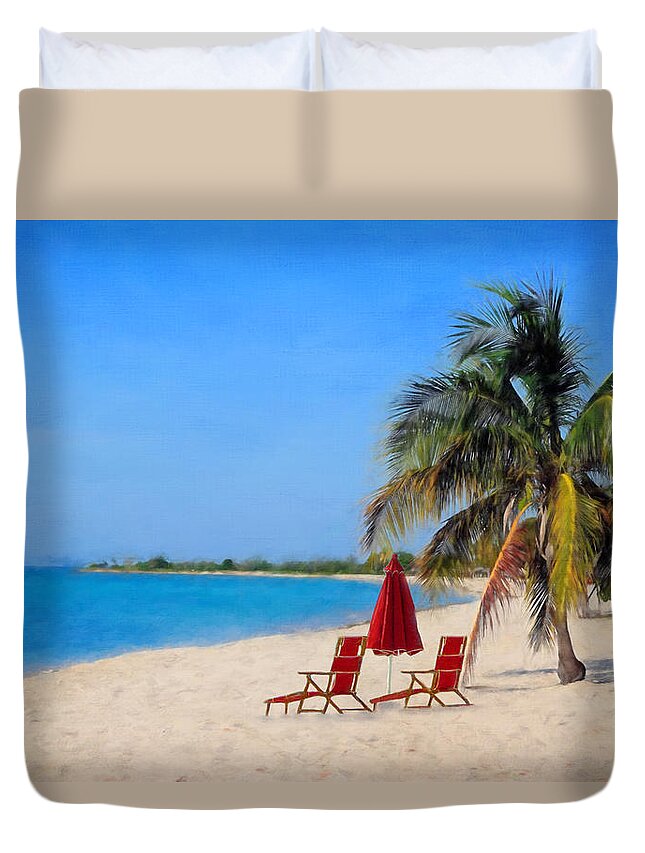 Beach Scene Duvet Cover featuring the mixed media Hot Fun in the Summertime by Colleen Taylor