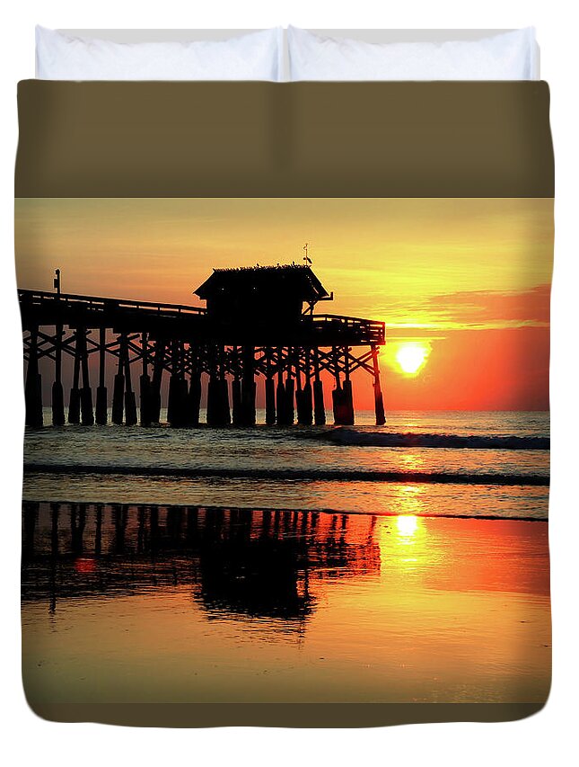 Cocoa Beach Pier Duvet Cover featuring the photograph Hot Sunrise Over Cocoa Beach Pier by Carol Montoya