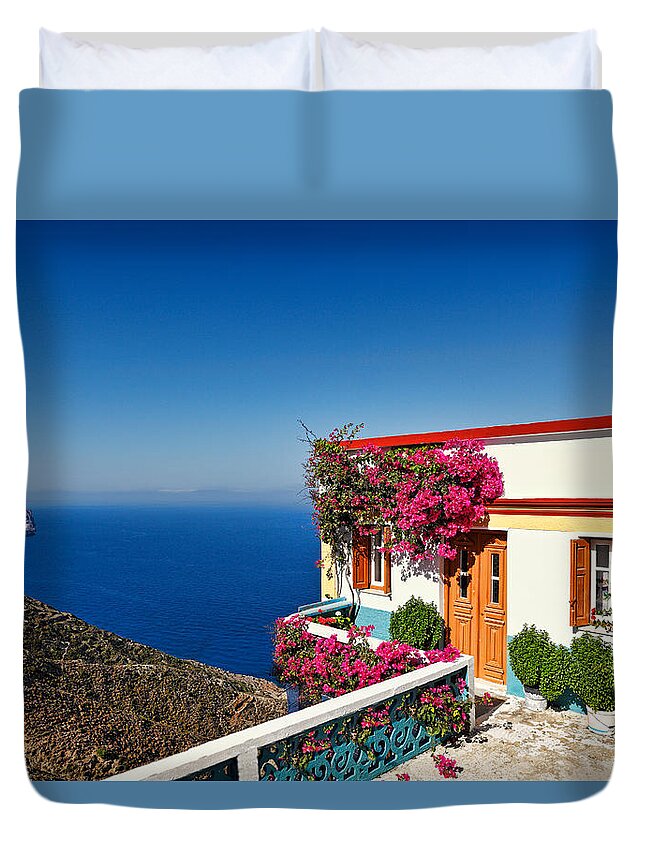 House Duvet Cover featuring the photograph House of the village Olympos in Karpathos - Greece by Constantinos Iliopoulos