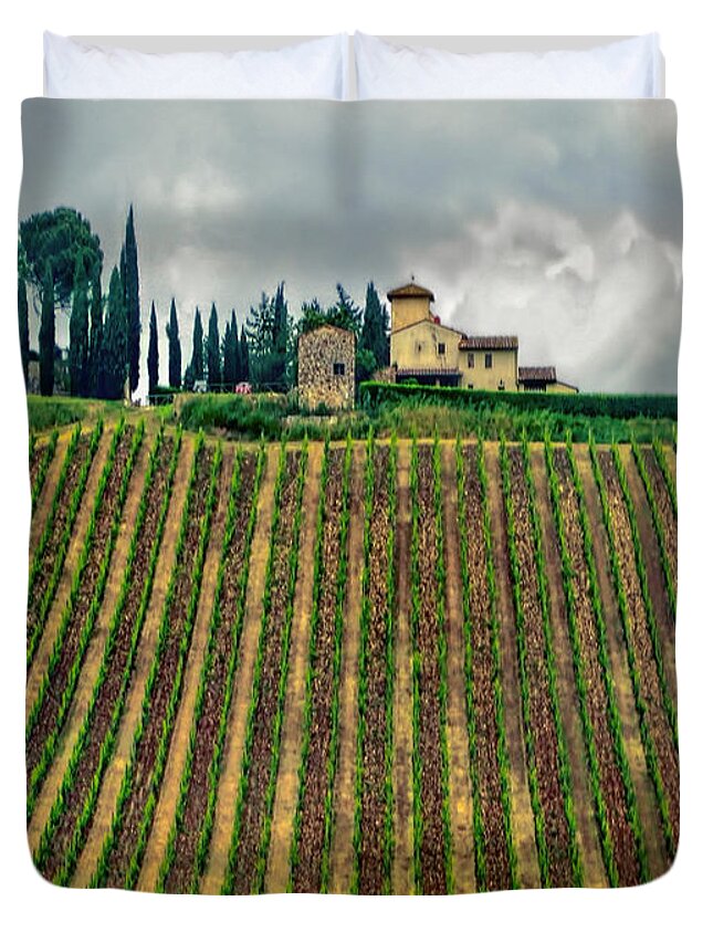 Italy Duvet Cover featuring the photograph House on a Hill-Tuscany by Jennie Breeze