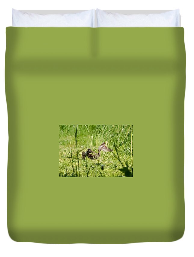 House Sparrows Duvet Cover featuring the photograph House Sparrows in Flight by Holden The Moment
