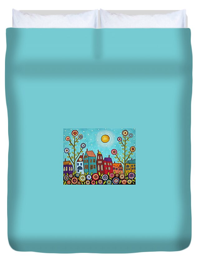 Landscape Duvet Cover featuring the painting Houses Blooms And A Moon by Karla Gerard