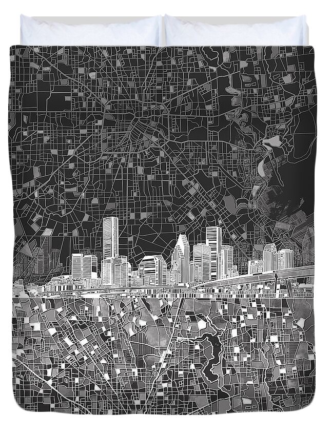 Houston Duvet Cover featuring the painting Houston Skyline Map Black And White by Bekim M