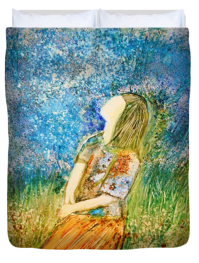 Girl In Meadow Duvet Cover featuring the painting How Great Thou Art by Deborah Nell