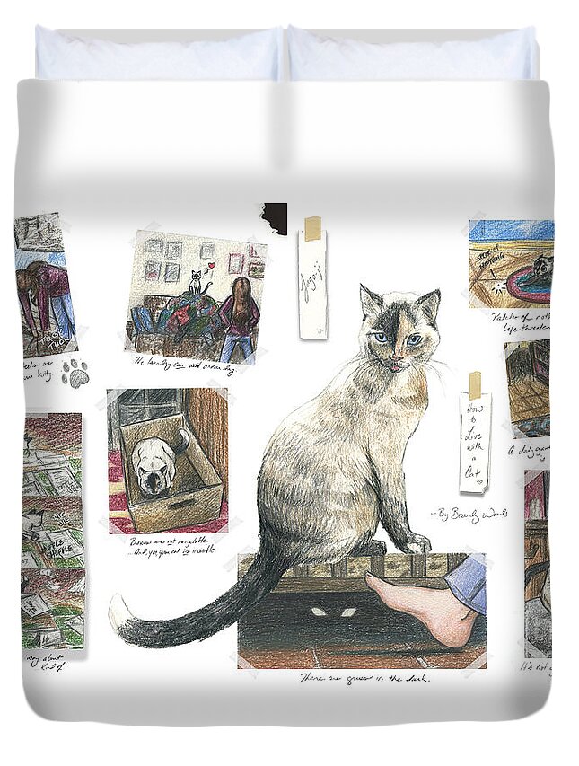 Comic Duvet Cover featuring the drawing How to Live with a Cat by Brandy Woods