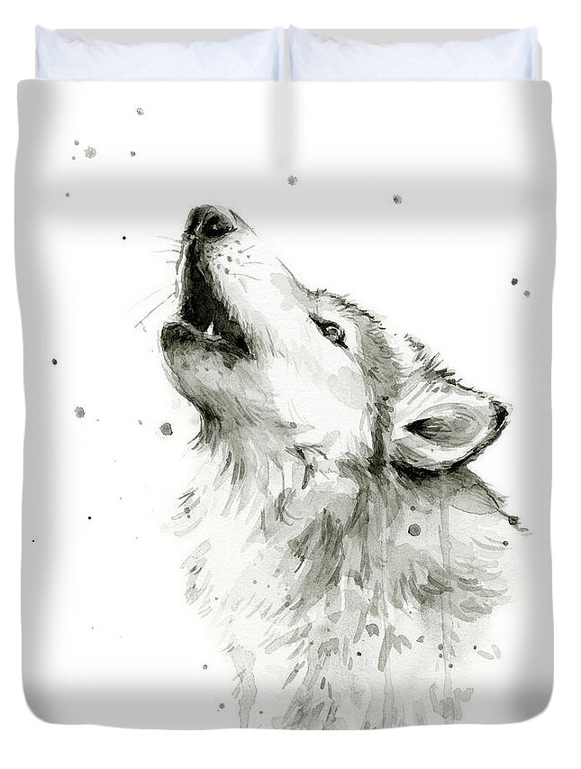 Watercolor Duvet Cover featuring the painting Howling Wolf Watercolor by Olga Shvartsur
