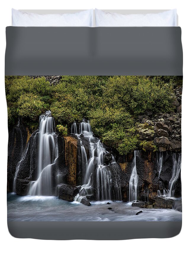 Iceland Duvet Cover featuring the photograph Hraunfossar in the gloom by Rikk Flohr