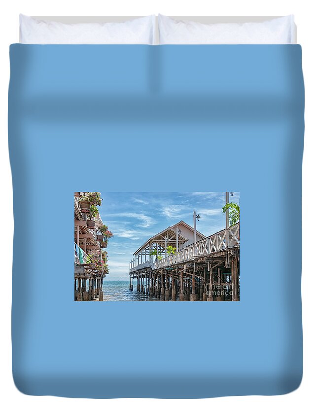 Boat Duvet Cover featuring the photograph Hua Hin Beach Encroaching Restaurant Pier by Antony McAulay