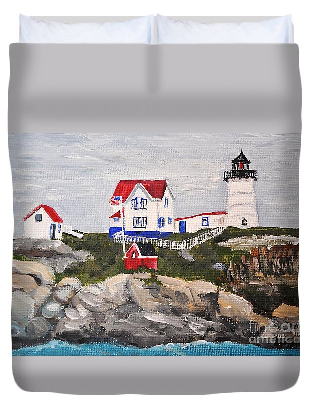 Lighthouse Duvet Cover featuring the painting Nubble Lighthouse by Reb Frost