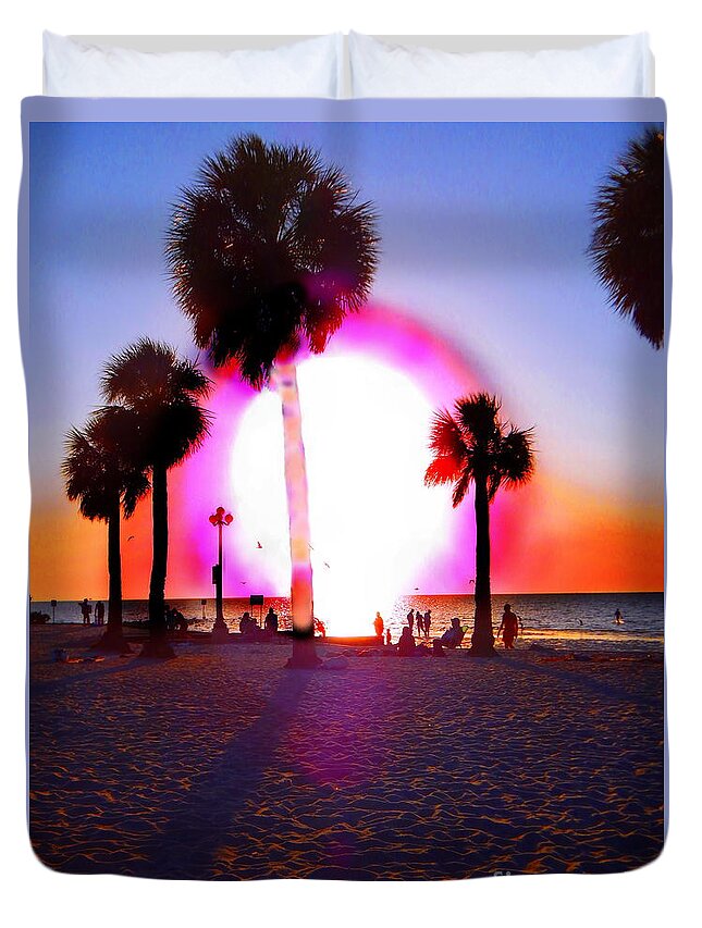 Fun.electric Combination Of A Huge White Hot Sun And Pink And Orange Corona With A Bright Blue Sky As The Sun Hits The Sea And Shares Its Last Rays Lighting The Beach. Creating Orange Highlights And Blue Purple Shadows In The Foreground .palm Trees And People In Silhouette.the Sea Is Blue And Orange .  Duvet Cover featuring the photograph Huge Sun Pine Island Sunset by Priscilla Batzell Expressionist Art Studio Gallery