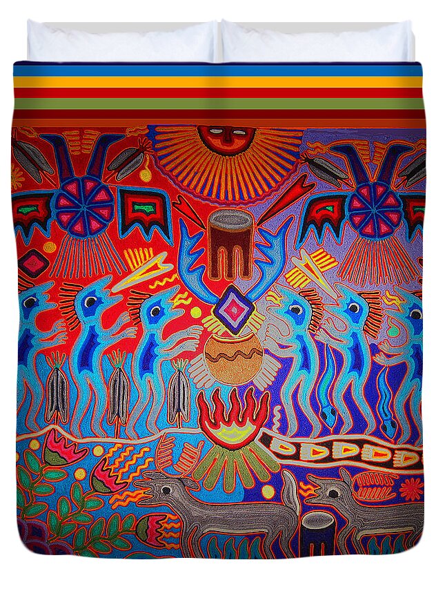 Huichol Duvet Cover featuring the digital art Huichol Tribal Fire Ritual by Vagabond Folk Art - Virginia Vivier