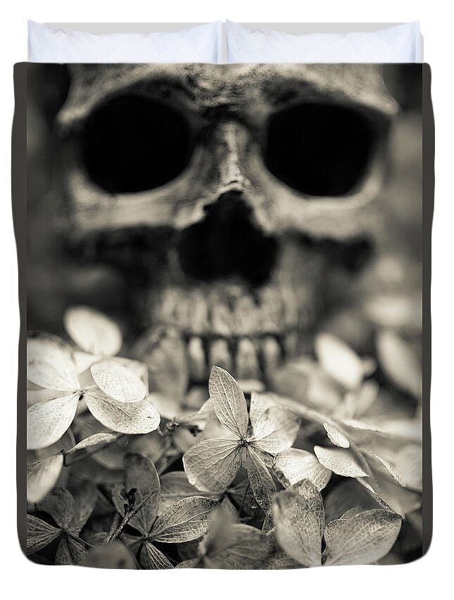 Still Life Duvet Cover featuring the photograph Human skull among flowers by Edward Fielding