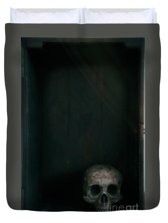 Human Duvet Cover featuring the photograph Human Skull In A Wooden Box by Lee Avison