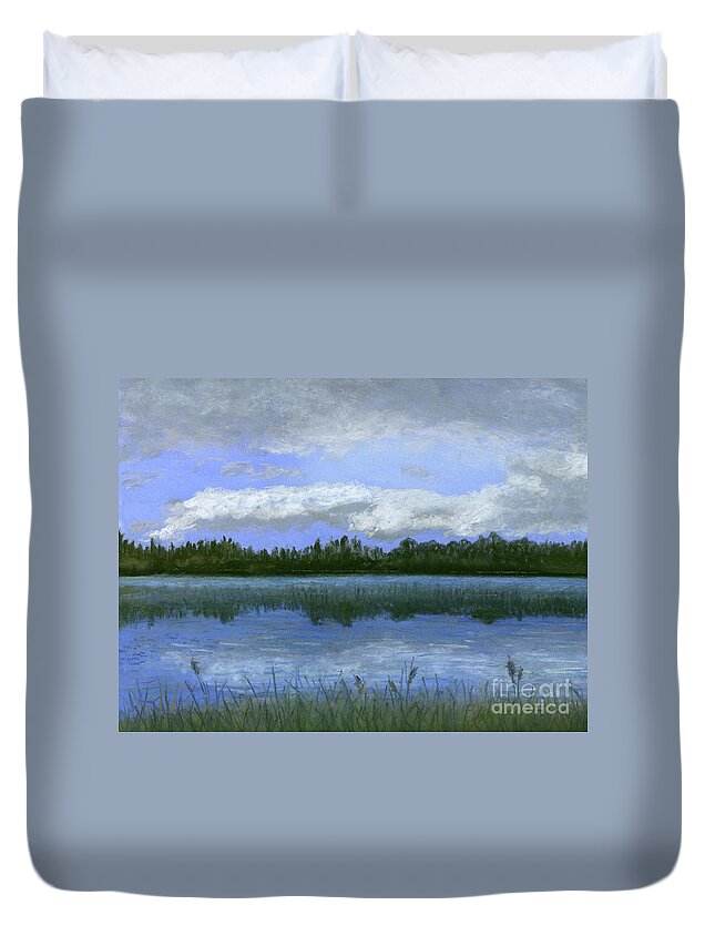 Landscape Duvet Cover featuring the pastel Hummel Lake View by Ginny Neece