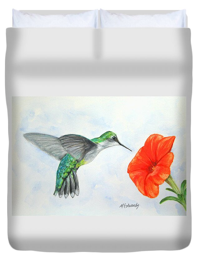 Hummer Duvet Cover featuring the painting Hummer with Orange Bloom by Marna Edwards Flavell
