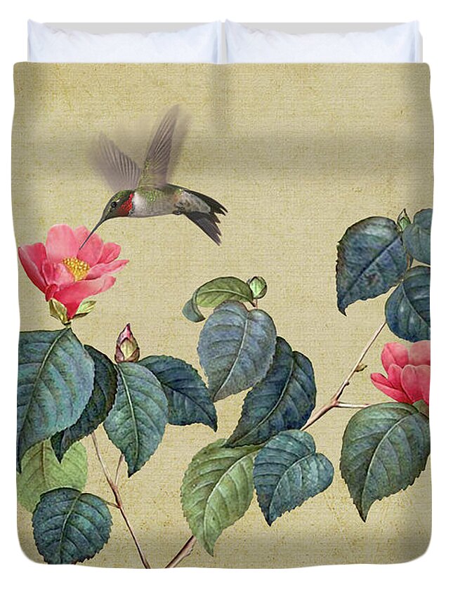 Camillea Duvet Cover featuring the digital art Hummingbird and Japanese Camillea by M Spadecaller